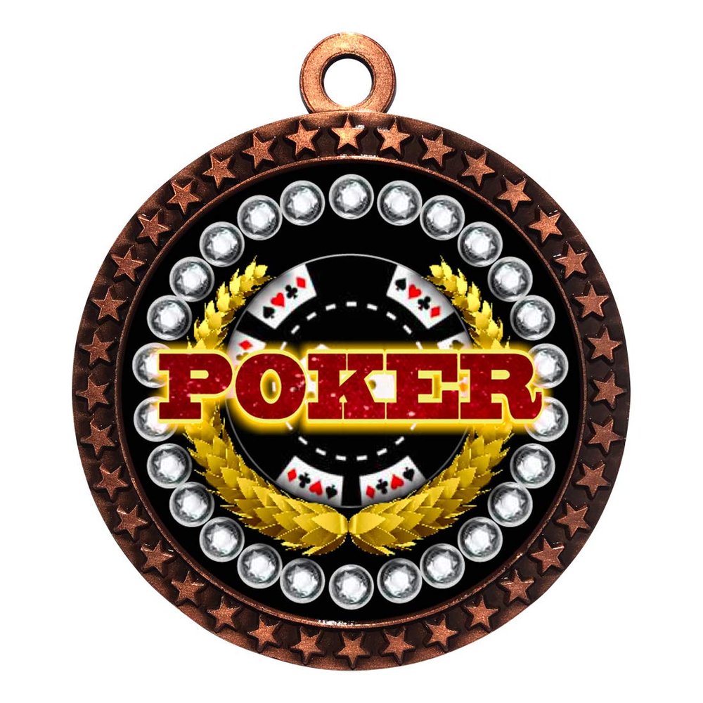10 Pack of Poker Bronze 2.25 Inch Medals Trophy Awards with Red White Blue Neck Ribbons D212B-FCL529-10PK