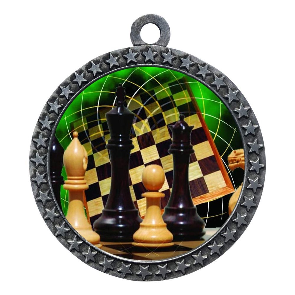 10 Pack of Chess Silver 2.25 Inch Medals Trophy Awards with Red White Blue Neck Ribbons D212S-FCL440-10PK