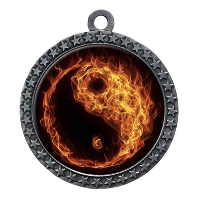 10 Pack of Flame Martial Arts Silver 2.25 Inch Medals Trophy Awards with Red White Blue Neck Ribbons D212S-EMFCL807-10PK