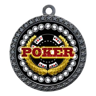 10 Pack of Poker Silver 2.25 Inch Medals Trophy Awards with Red White Blue Neck Ribbons D212S-FCL529-10PK