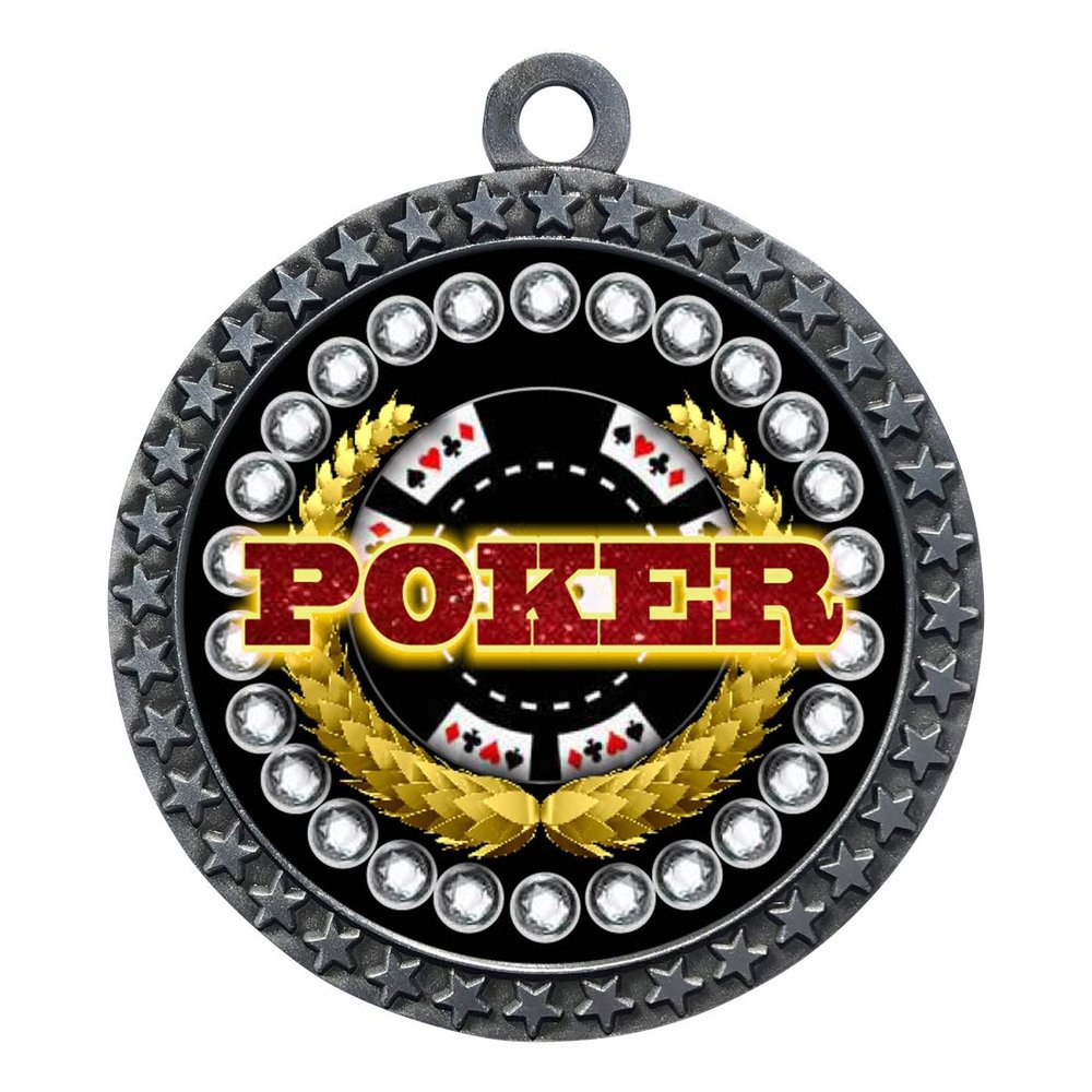 10 Pack of Poker Silver 2.25 Inch Medals Trophy Awards with Red White Blue Neck Ribbons D212S-FCL529-10PK