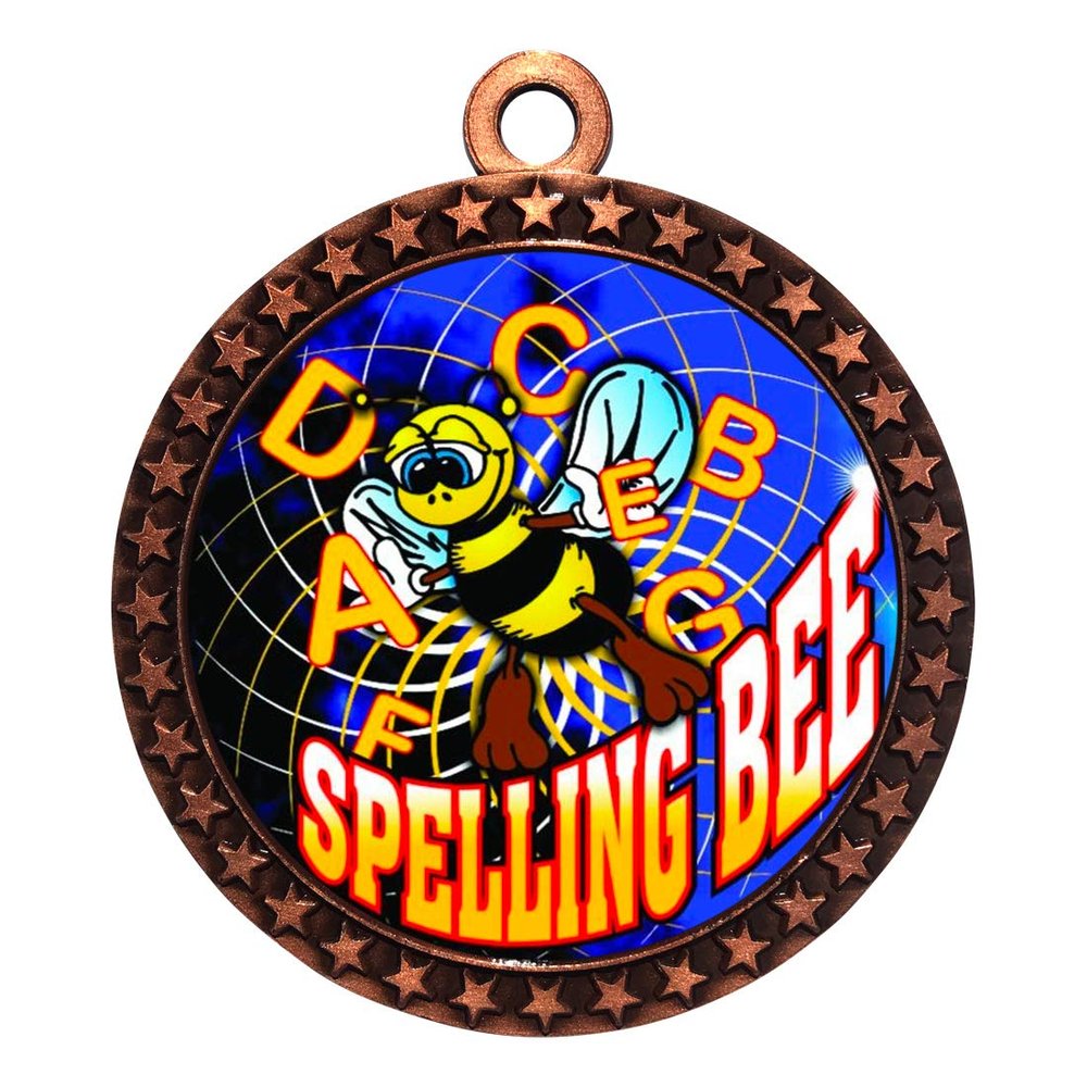 10 Pack of Spelling Bee Bronze 2.25 Inch Medals Trophy Awards with Red White Blue Neck Ribbons D212B-FCL554-10PK