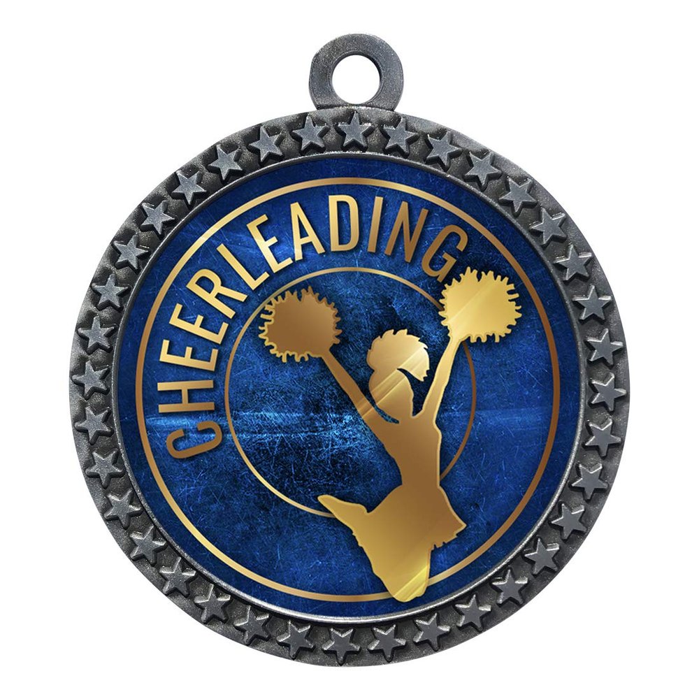 10 Pack of Cheerleading Silver 2.25 Inch Medals Trophy Awards with Red White Blue Neck Ribbons D212S-EG16-10PK