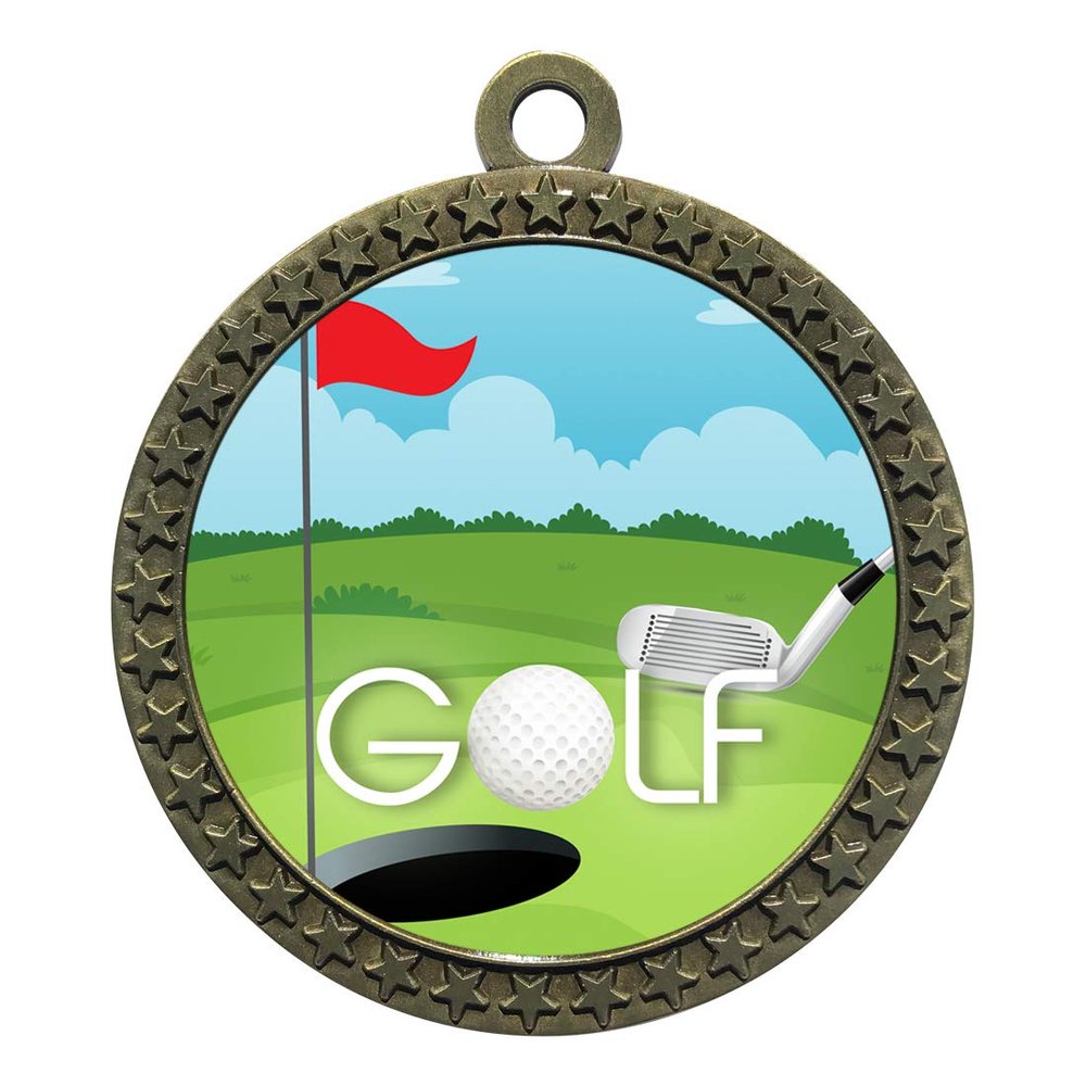 10 Pack of Golf Gold 2.25 Inch Medals Trophy Awards with Red White Blue Neck Ribbons D212G-EG130-10PK