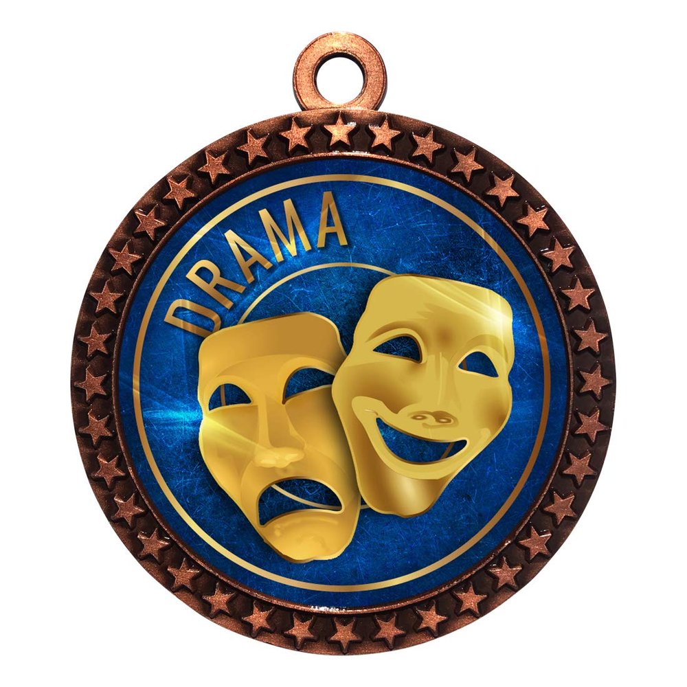 10 Pack of Drama Bronze 2.25 Inch Medals Trophy Awards with Red White Blue Neck Ribbons D212B-EG22-10PK