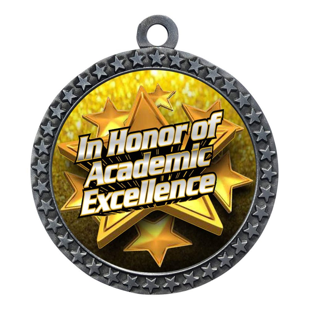 10 Pack of Academic Excellence Silver 2.25 Inch Medals Trophy Awards with Red White Blue Neck Ribbons D212S-FCL401-10PK