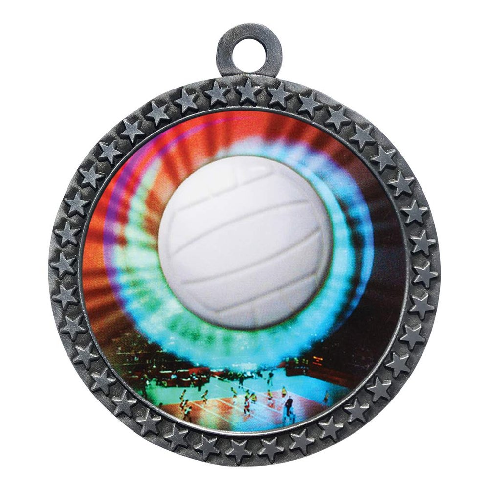 10 Pack of Volleyball Silver 2.25 Inch Medals Trophy Awards with Red White Blue Neck Ribbons D212S-MY452-10PK