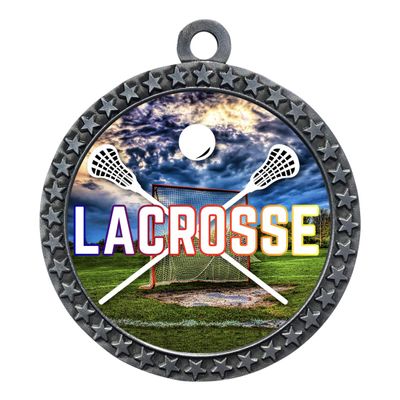 10 Pack of Lacrosse Silver 2.25 Inch Medals Trophy Awards with Red White Blue Neck Ribbons D212S-EG150-10PK