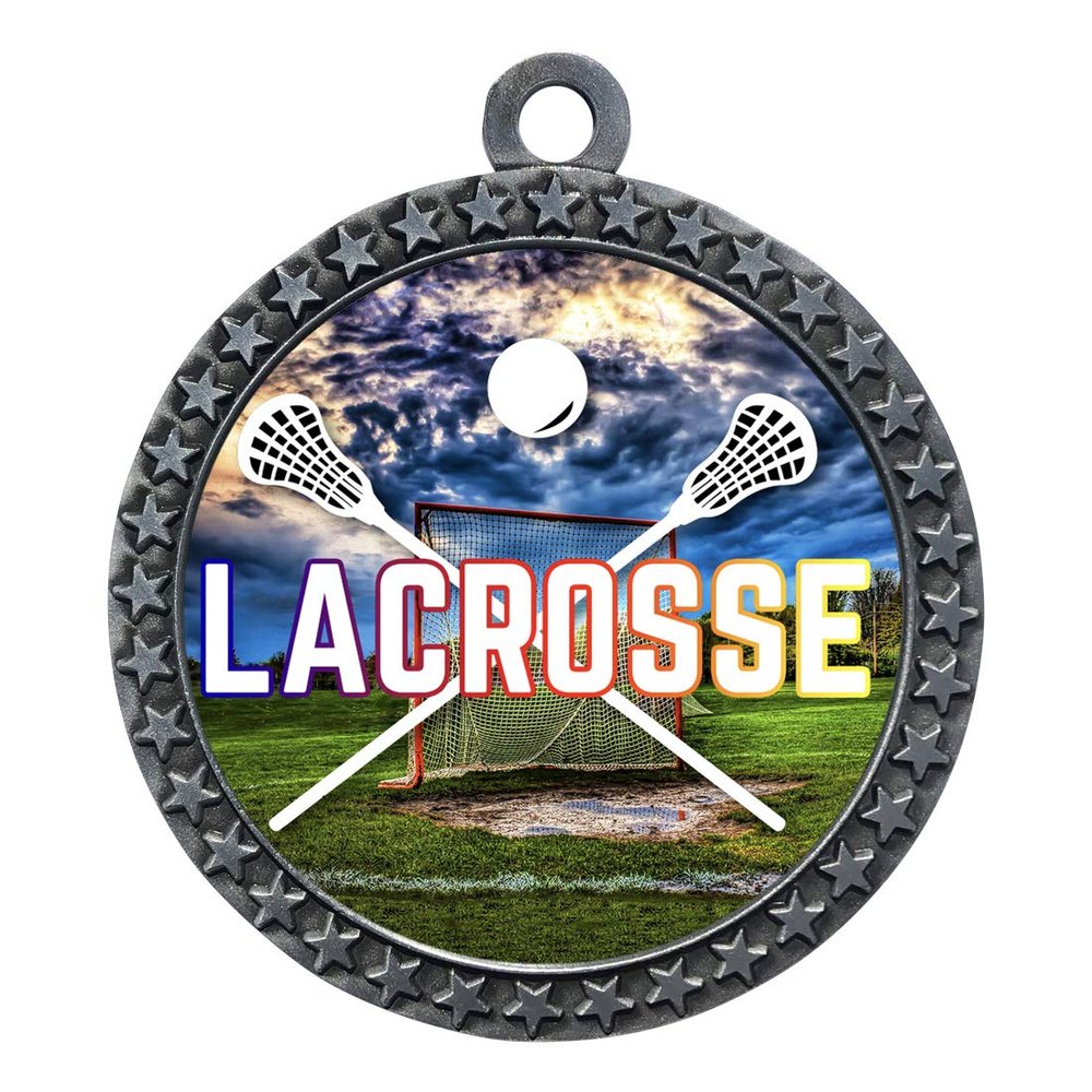 10 Pack of Lacrosse Silver 2.25 Inch Medals Trophy Awards with Red White Blue Neck Ribbons D212S-EG150-10PK