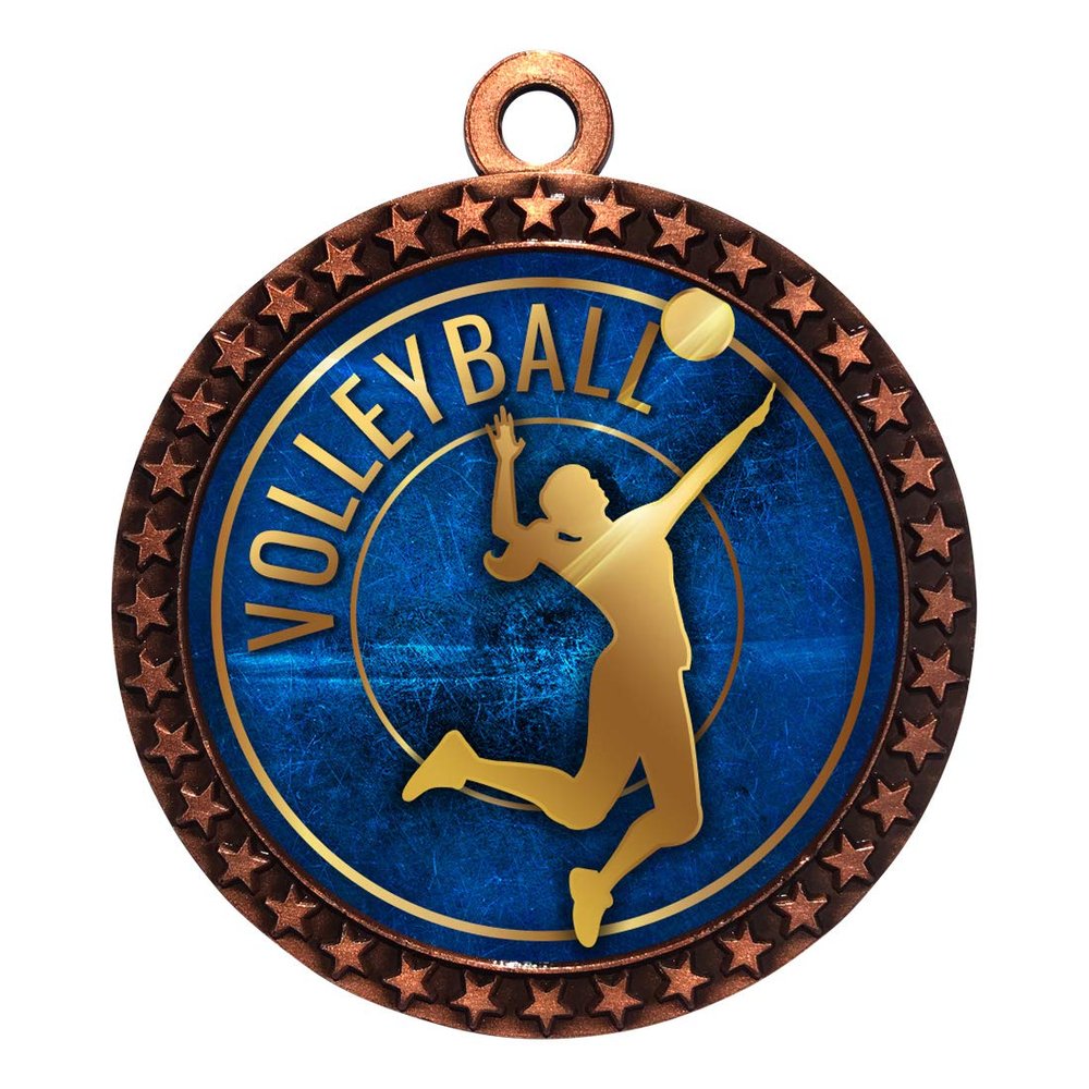 10 Pack of Volleyball Bronze 2.25 Inch Medals Trophy Awards with Red White Blue Neck Ribbons D212B-EG60-10PK