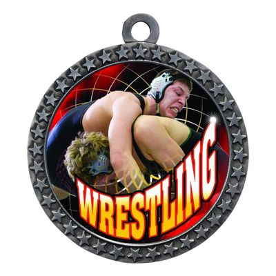 10 Pack of Wrestling Silver 2.25 Inch Medals Trophy Awards with Red White Blue Neck Ribbons D212S-FCL576-10PK