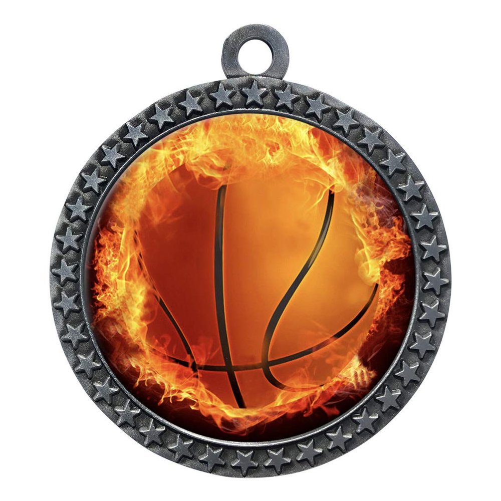 10 Pack of Flame Basketball Silver 2.25 Inch Medals Trophy Awards with Red White Blue Neck Ribbons D212S-EMFCL803-10PK