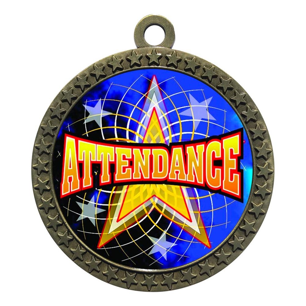 10 Pack of Attendance Gold 2.25 Inch Medals Trophy Awards with Red White Blue Neck Ribbons D212G-FCL406-10PK