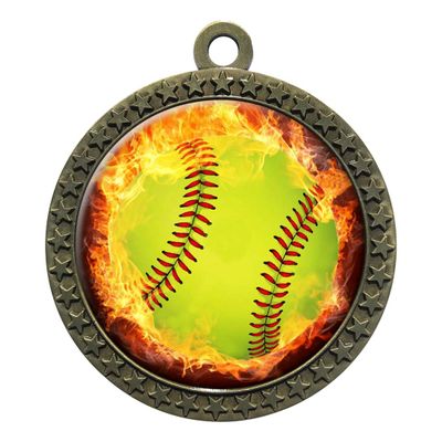 10 Pack of Flame Softball Gold 2.25 Inch Medals Trophy Awards with Red White Blue Neck Ribbons D212G-EMFCL805-10PK