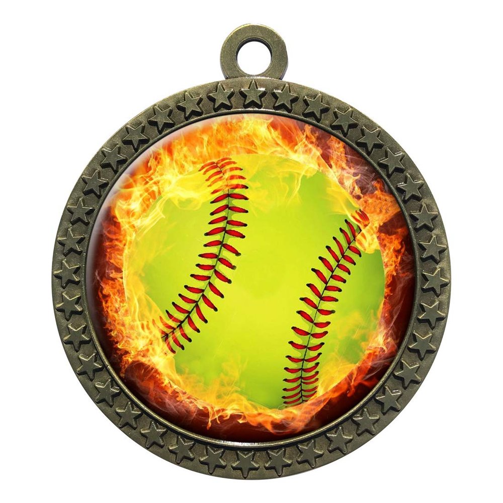 10 Pack of Flame Softball Gold 2.25 Inch Medals Trophy Awards with Red White Blue Neck Ribbons D212G-EMFCL805-10PK