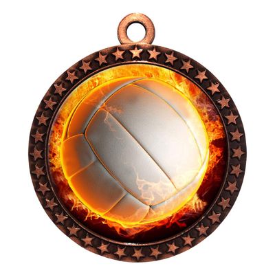 10 Pack of Flame Volleyball Bronze 2.25 Inch Medals Trophy Awards with Red White Blue Neck Ribbons D212B-EMFCL804-10PK