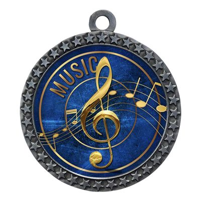 10 Pack of Music Silver 2.25 Inch Medals Trophy Awards with Red White Blue Neck Ribbons D212S-EG42-10PK