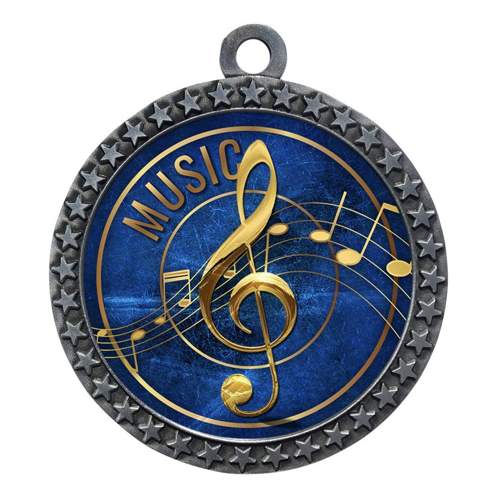10 Pack of Music Silver 2.25 Inch Medals Trophy Awards with Red White Blue Neck Ribbons D212S-EG42-10PK