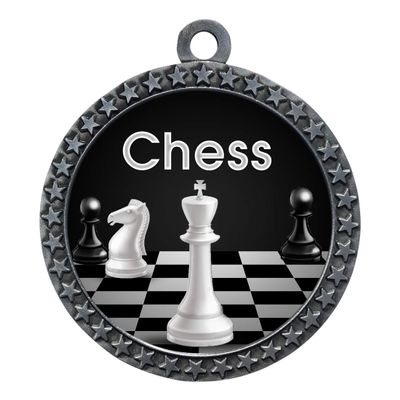 10 Pack of Chess Silver 2.25 Inch Medals Trophy Awards with Red White Blue Neck Ribbons D212S-EG80-10PK