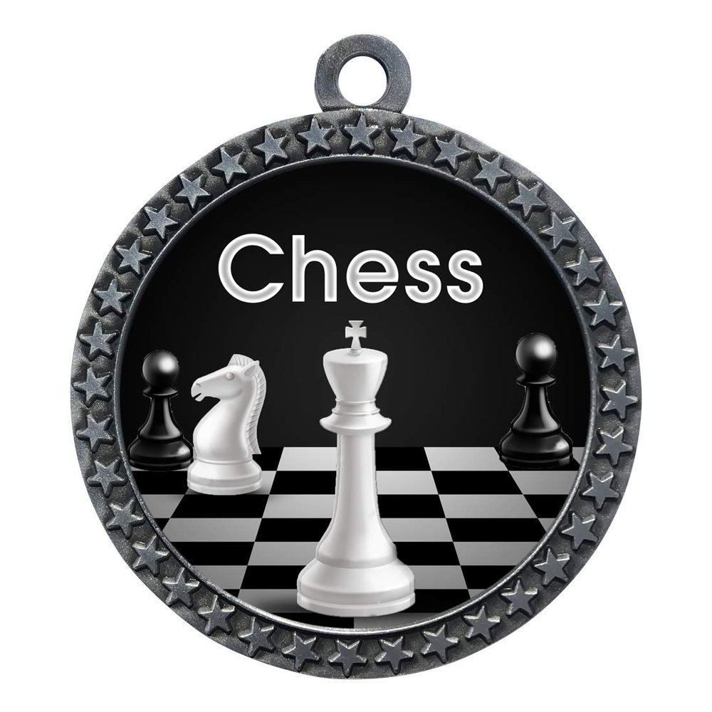 10 Pack of Chess Silver 2.25 Inch Medals Trophy Awards with Red White Blue Neck Ribbons D212S-EG80-10PK