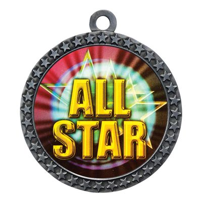 10 Pack of All Star Silver 2.25 Inch Medals Trophy Awards with Red White Blue Neck Ribbons D212S-MY464-10PK