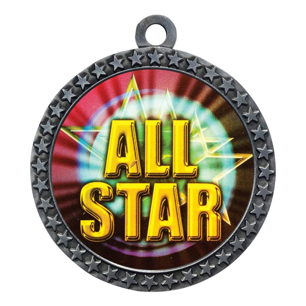 10 Pack of All Star Silver 2.25 Inch Medals Trophy Awards with Red White Blue Neck Ribbons D212S-MY464-10PK