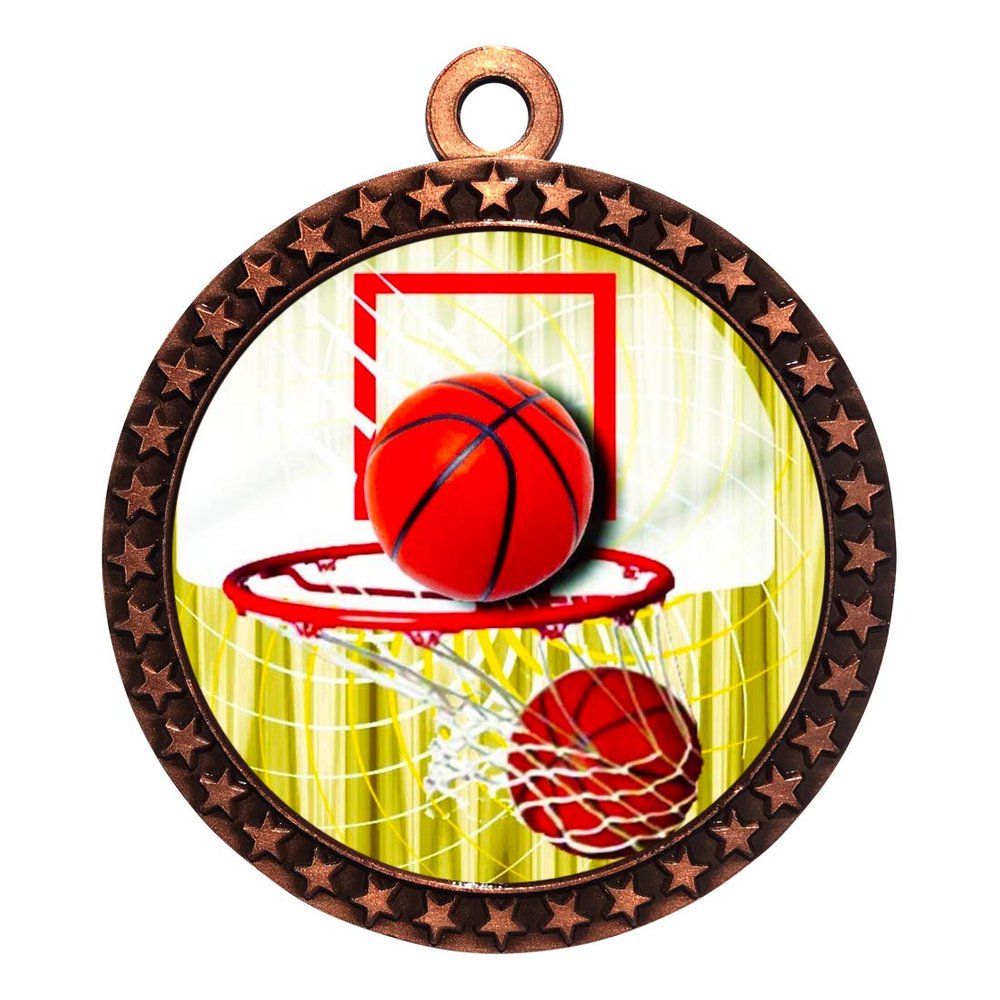 10 Pack of Basketball Bronze 2.25 Inch Medals Trophy Awards with Red White Blue Neck Ribbons D212B-FCL411-10PK