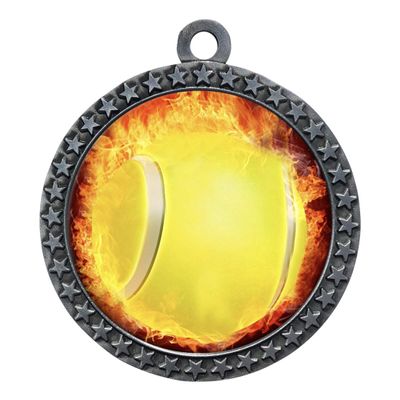 10 Pack of Flame Tennis Silver 2.25 Inch Medals Trophy Awards with Red White Blue Neck Ribbons D212S-EMFCL801-10PK