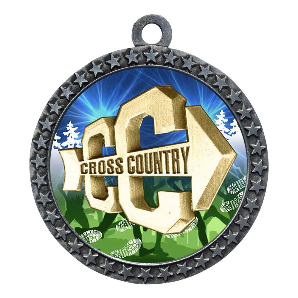 10 Pack of Cross Country Silver 2.25 Inch Medals Trophy Awards with Red White Blue Neck Ribbons D212S-D18-10PK