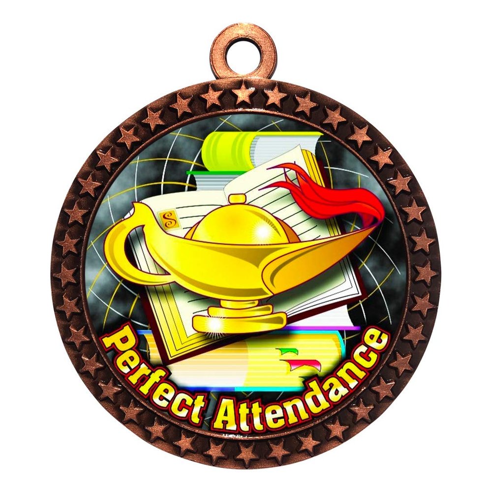 10 Pack of Perfect Attendance Bronze 2.25 Inch Medals Trophy Awards with Red White Blue Neck Ribbons D212B-FCL422-10PK