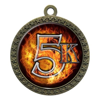 10 Pack of Flame 5K Gold 2.25 Inch Medals Trophy Awards with Red White Blue Neck Ribbons D212G-EMFCL815-10PK