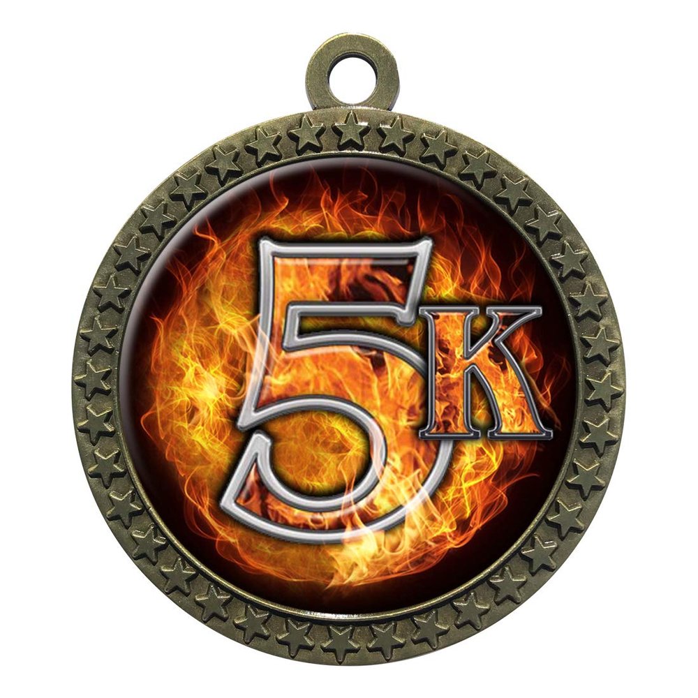 10 Pack of Flame 5K Gold 2.25 Inch Medals Trophy Awards with Red White Blue Neck Ribbons D212G-EMFCL815-10PK