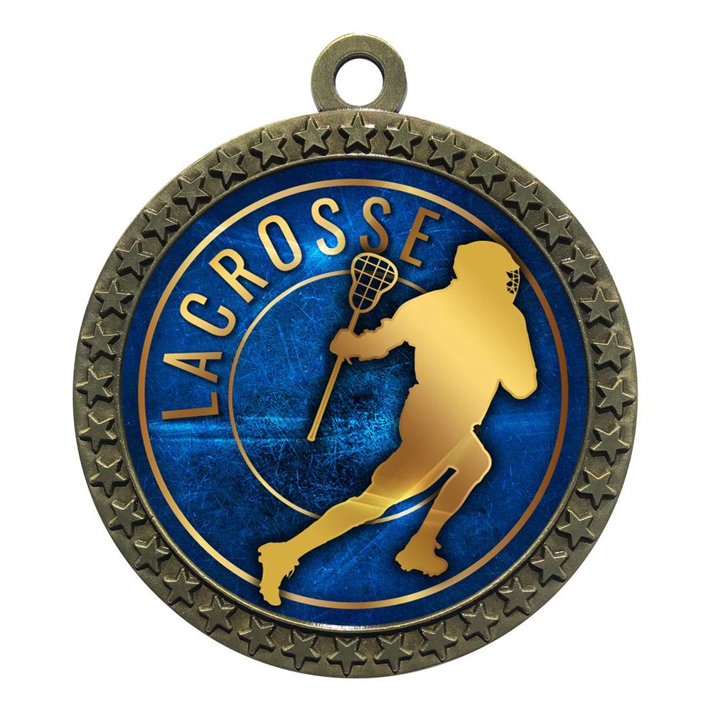 10 Pack of Lacrosse Gold 2.25 Inch Medals Trophy Awards with Red White Blue Neck Ribbons D212G-EG34-10PK
