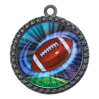 10 Pack of Football Silver 2.25 Inch Medals Trophy Awards with Red White Blue Neck Ribbons D212S-MY422-10PK