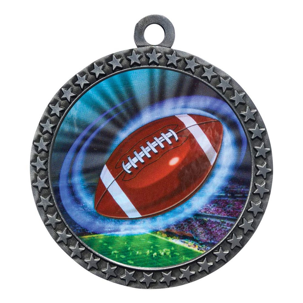10 Pack of Football Silver 2.25 Inch Medals Trophy Awards with Red White Blue Neck Ribbons D212S-MY422-10PK