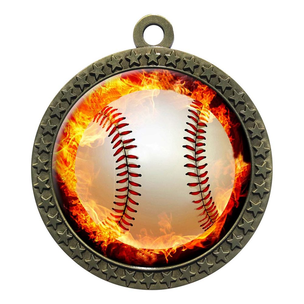 10 Pack of Flame Baseball Gold 2.25 Inch Medals Trophy Awards with Red White Blue Neck Ribbons D212G-EMFCL808-10PK