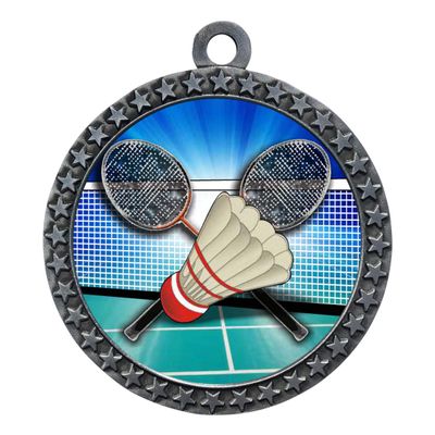 10 Pack of Badminton Silver 2.25 Inch Medals Trophy Awards with Red White Blue Neck Ribbons D212S-FCL409-10PK
