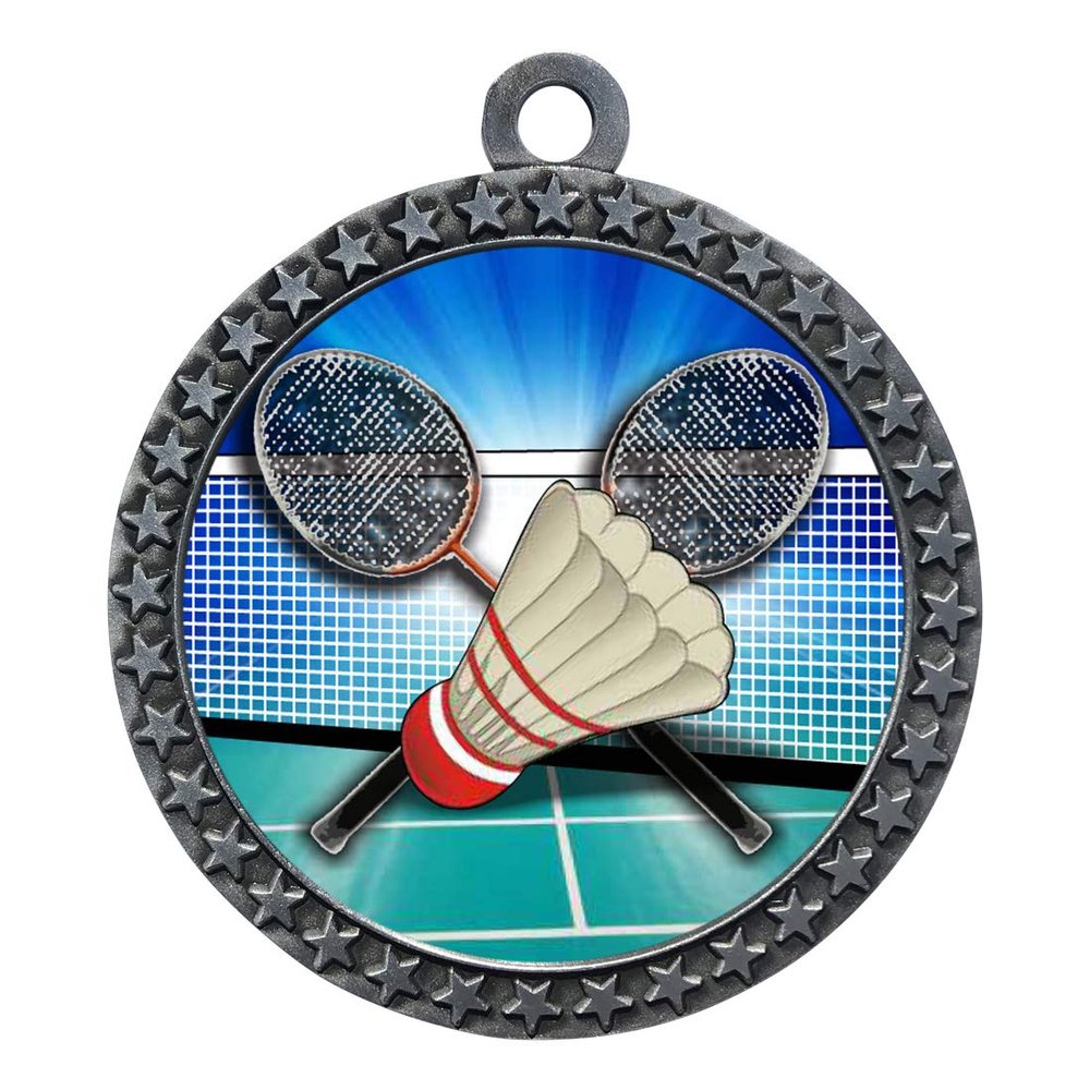 10 Pack of Badminton Silver 2.25 Inch Medals Trophy Awards with Red White Blue Neck Ribbons D212S-FCL409-10PK