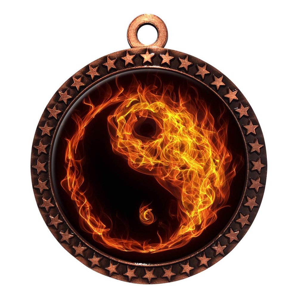 10 Pack of Flame Martial Arts Bronze 2.25 Inch Medals Trophy Awards with Red White Blue Neck Ribbons D212B-EMFCL807-10PK