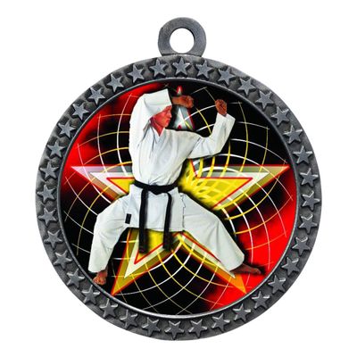 10 Pack of Martial Arts Karate Silver 2.25 Inch Medals Trophy Awards with Red White Blue Neck Ribbons D212S-FCL502-10PK