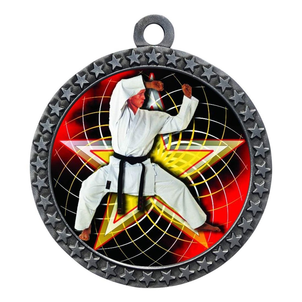 10 Pack of Martial Arts Karate Silver 2.25 Inch Medals Trophy Awards with Red White Blue Neck Ribbons D212S-FCL502-10PK
