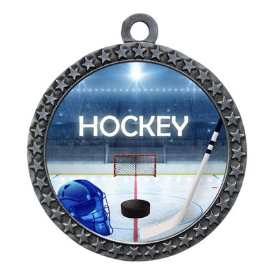 10 Pack of Ice Hockey Silver 2.25 Inch Medals Trophy Awards with Red White Blue Neck Ribbons D212S-EG140-10PK