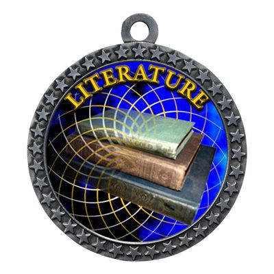 10 Pack of Literature Silver 2.25 Inch Medals Trophy Awards with Red White Blue Neck Ribbons D212S-FCL506-10PK