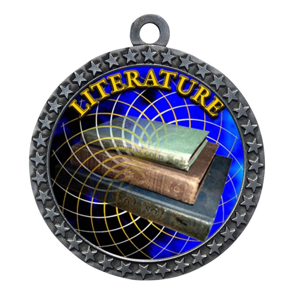 10 Pack of Literature Silver 2.25 Inch Medals Trophy Awards with Red White Blue Neck Ribbons D212S-FCL506-10PK