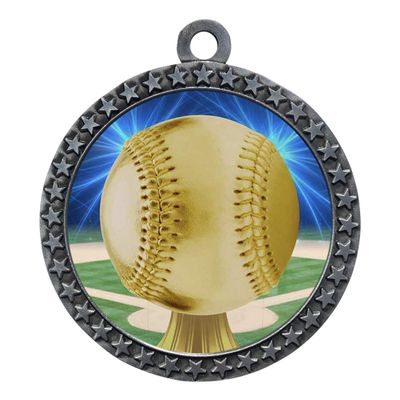 10 Pack of Baseball Silver 2.25 Inch Medals Trophy Awards with Red White Blue Neck Ribbons D212S-D05-10PK