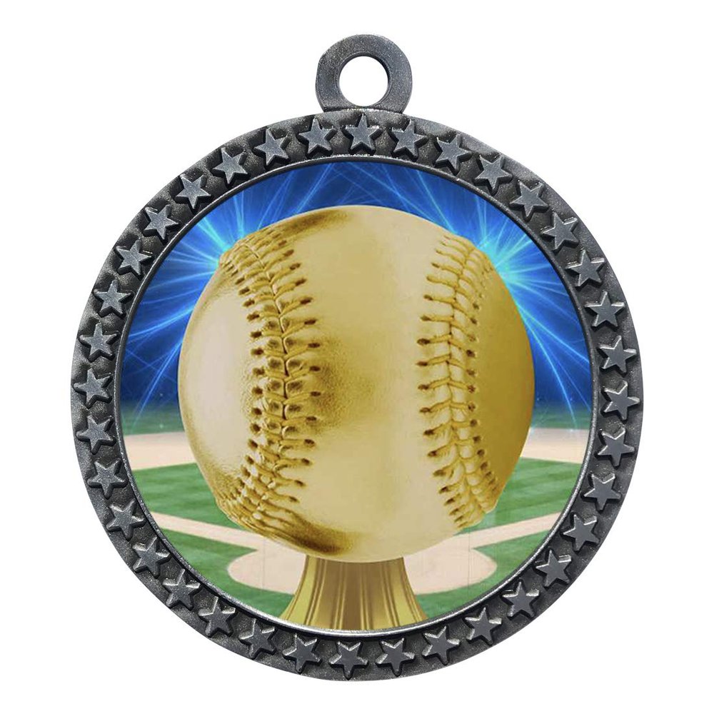 10 Pack of Baseball Silver 2.25 Inch Medals Trophy Awards with Red White Blue Neck Ribbons D212S-D05-10PK