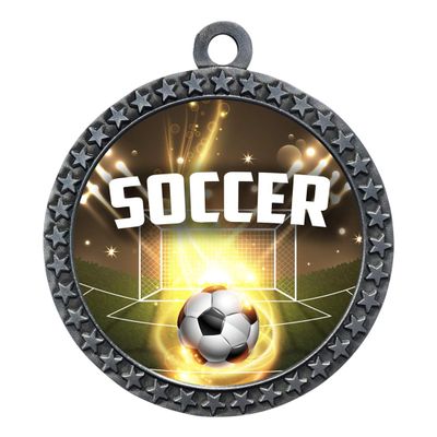 10 Pack of Soccer Silver 2.25 Inch Medals Trophy Awards with Red White Blue Neck Ribbons D212S-EG180-10PK