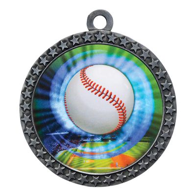 10 Pack of Baseball Silver 2.25 Inch Medals Trophy Awards with Red White Blue Neck Ribbons D212S-MY401-10PK