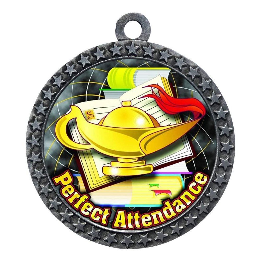 10 Pack of Perfect Attendance Silver 2.25 Inch Medals Trophy Awards with Red White Blue Neck Ribbons D212S-FCL422-10PK
