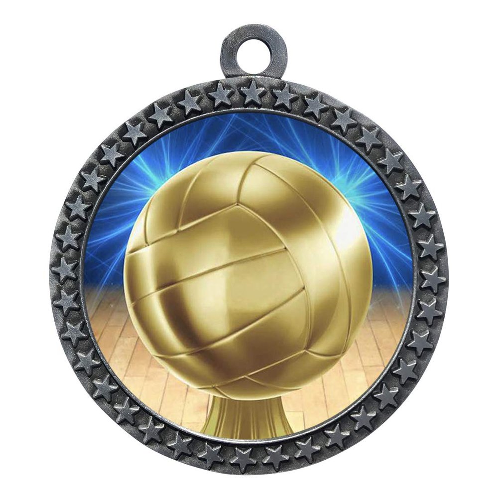 10 Pack of Volleyball Silver 2.25 Inch Medals Trophy Awards with Red White Blue Neck Ribbons D212S-D45-10PK